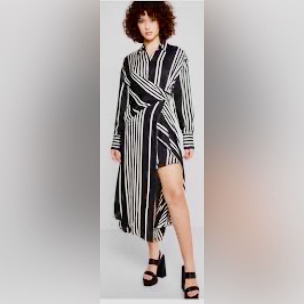 Topshop Black and White Striped High-Low Wrap Shirt Dress